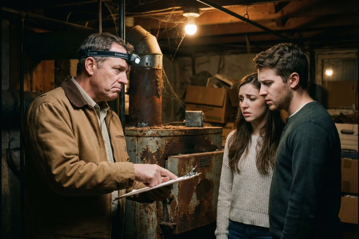A home inspector pointing out a rusted, old furnace to worried homebuyers, highlighting a common deal-breaker in Calgary real estate transactions.