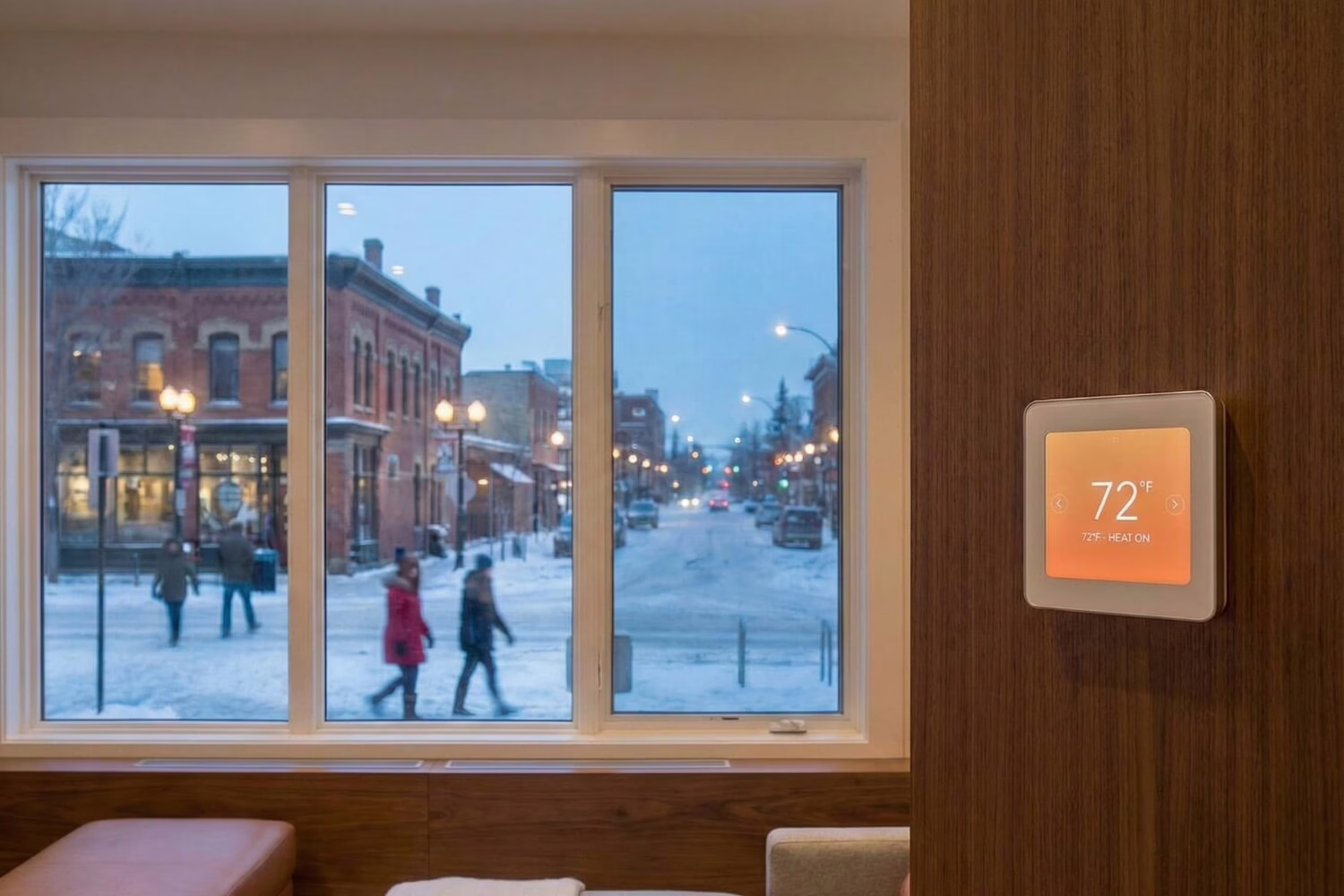 A smart thermostat displaying heating mode with a snowy Calgary street in the background, showcasing modern HVAC technology upgrades.