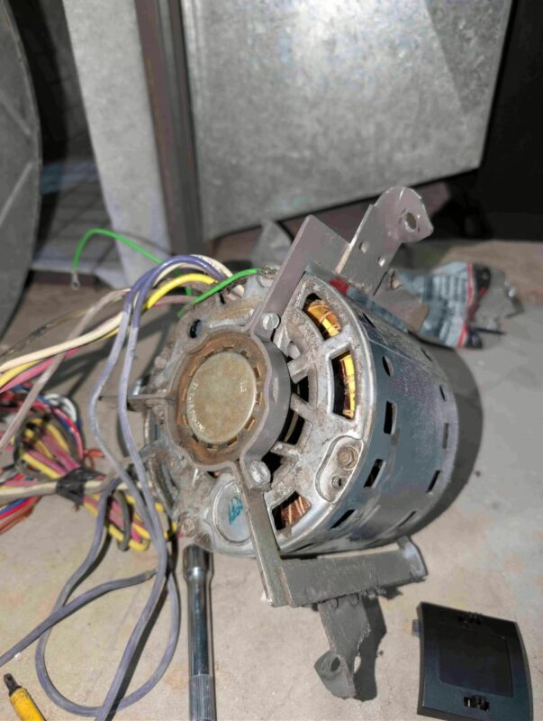 Broken furnace blower motor removed by HVAC tech.