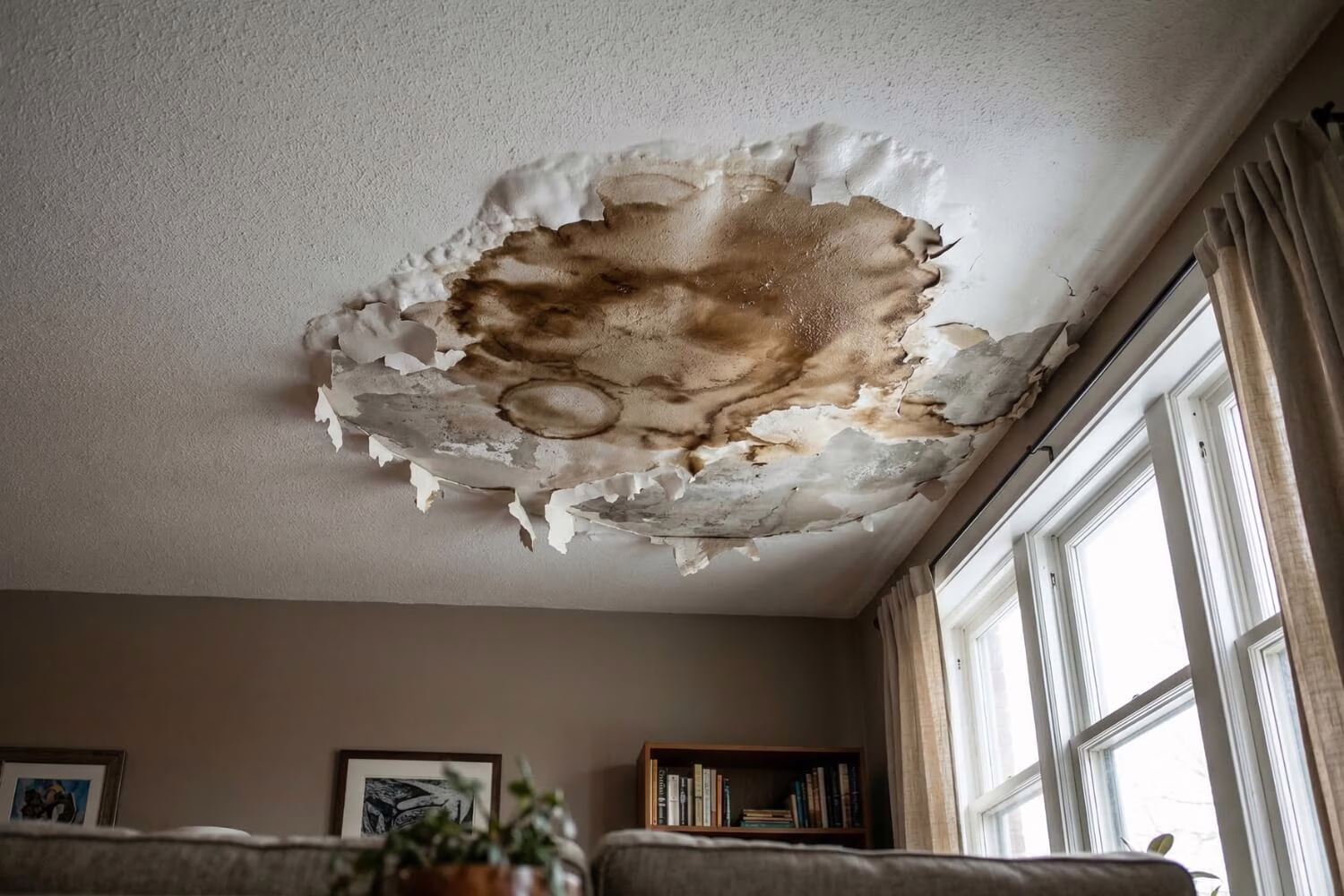 Severe brown water stains on a living room ceiling from an HVAC water leak.