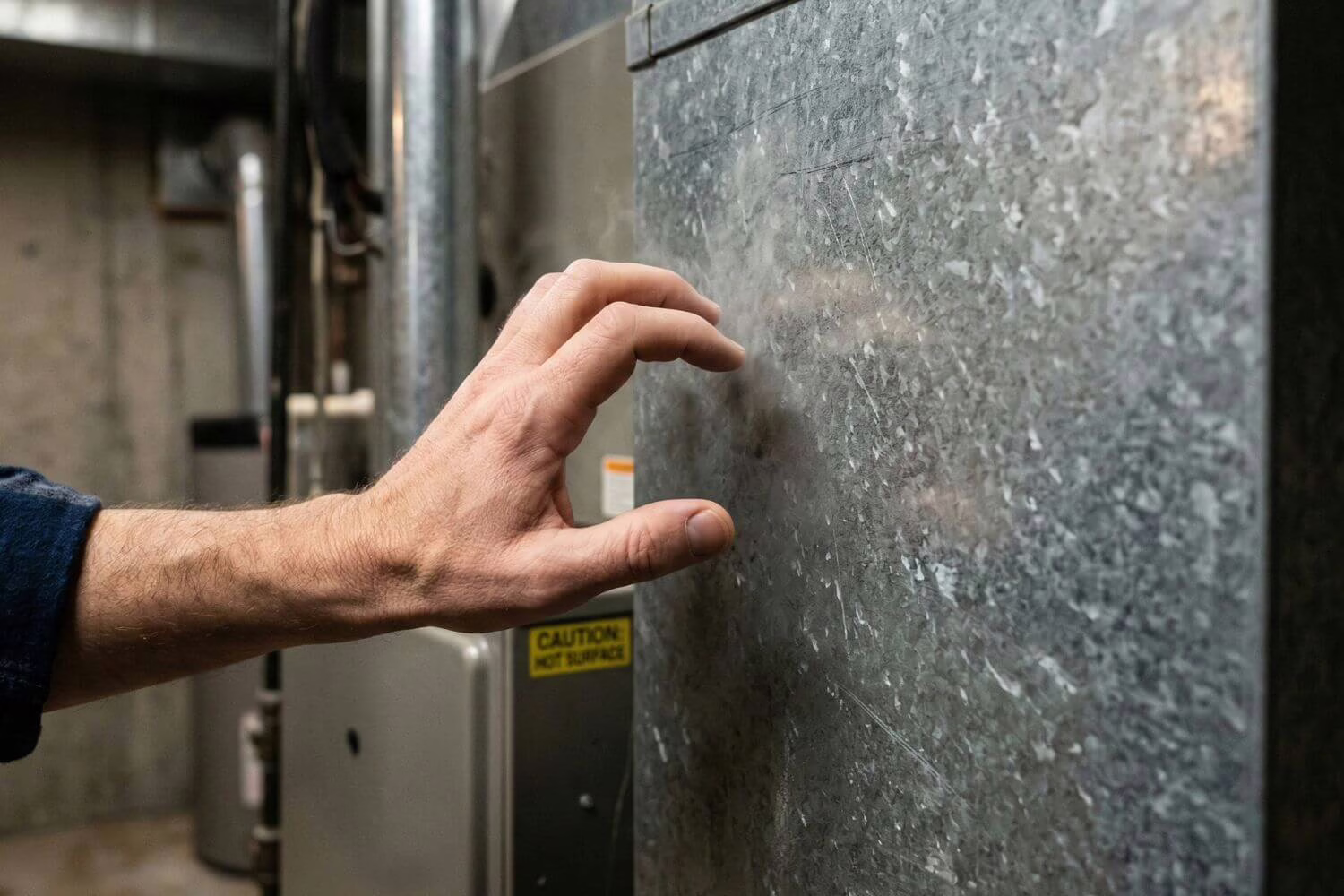 A homeowner touching a hot furnace cabinet, a clear symptom of restricting furnace air.