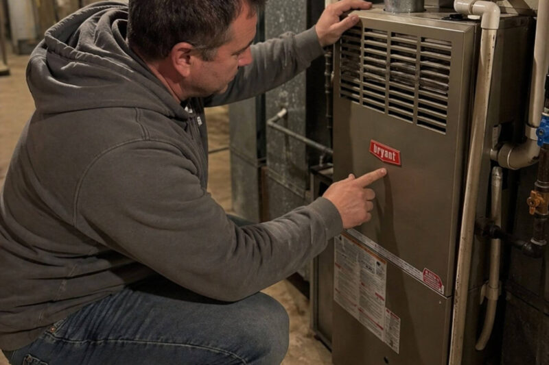 A Calgary homeowner inspecting their basement furnace as the first step of their spring HVAC maintenance checklist.