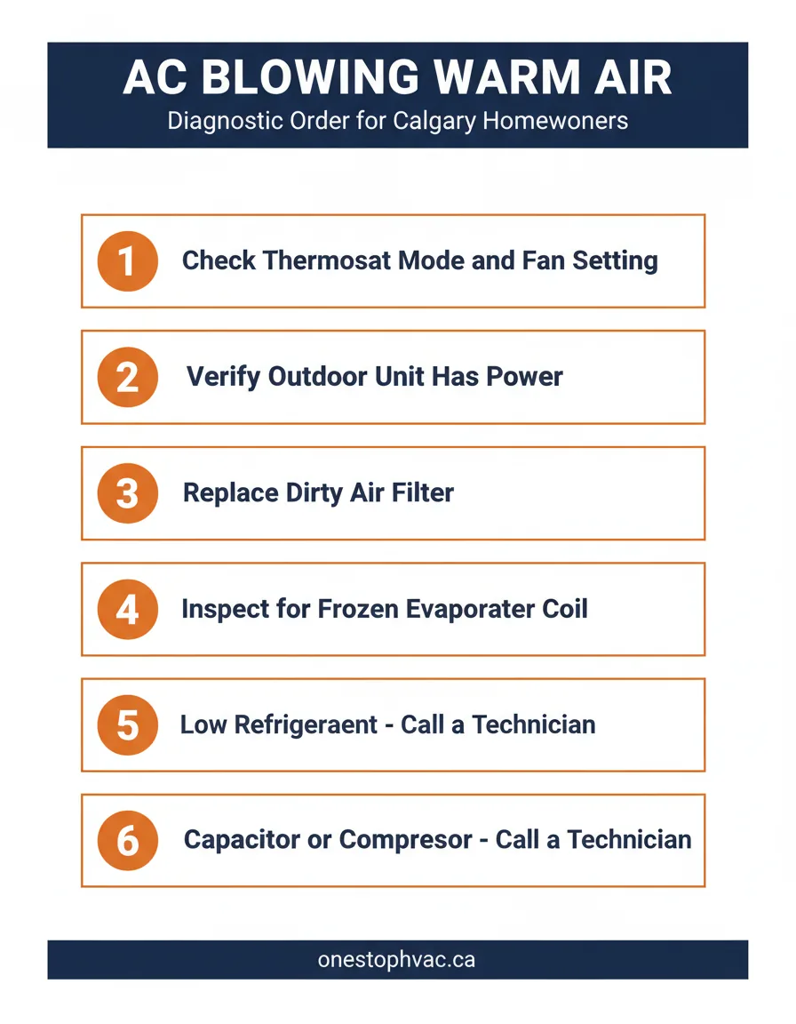 AC blowing warm air diagnostic order infographic for Calgary homeowners