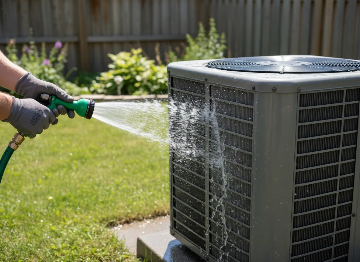 Technician rinsing the aluminum fins on an outdoor AC condenser as part of a spring tune-up
