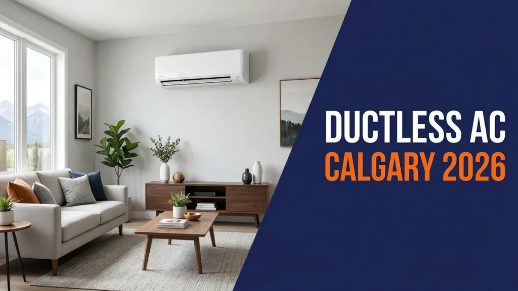Ductless AC banner for One Stop HVAC Calgary 2026 showing a wall-mounted mini-split in a modern living room