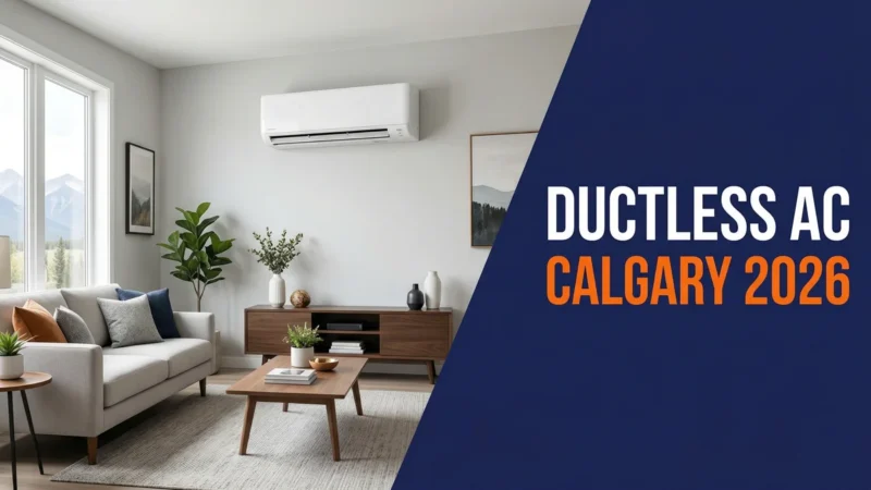 Ductless AC banner for One Stop HVAC Calgary 2026 showing a wall-mounted mini-split in a modern living room