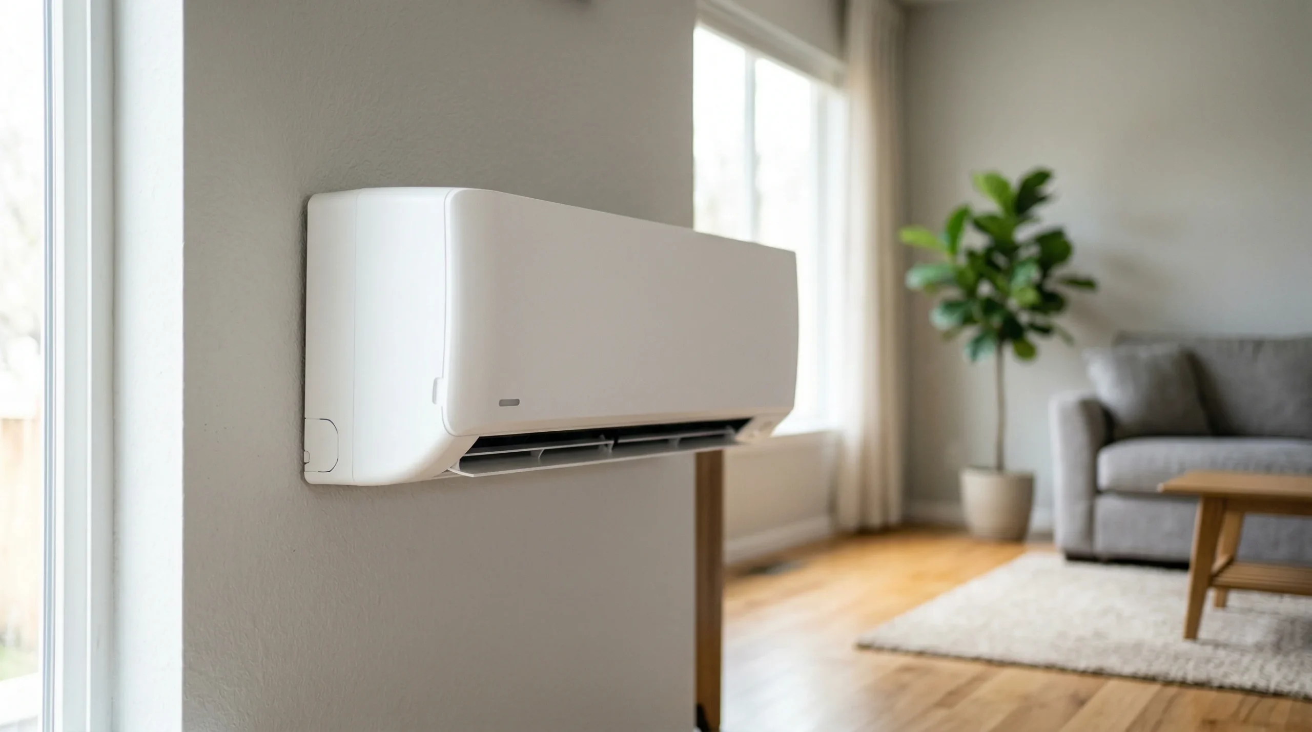 Close-up of a white ductless mini-split indoor unit mounted on a living room wall with natural light