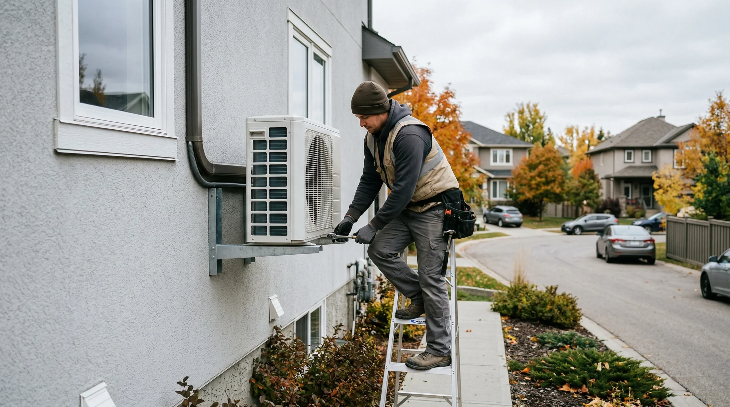 HVAC installer mounting a ductless mini-split outdoor condenser unit on the exterior of a Calgary home