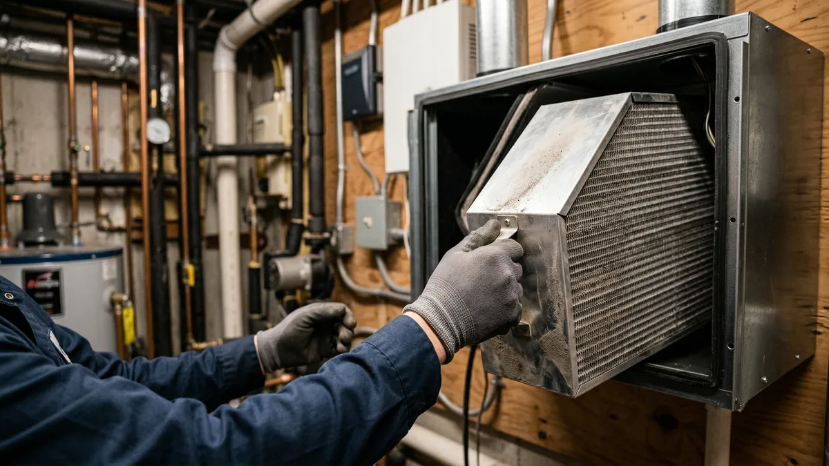 Technician with gloved hands removing aluminum heat exchange core from HRV unit for cleaning