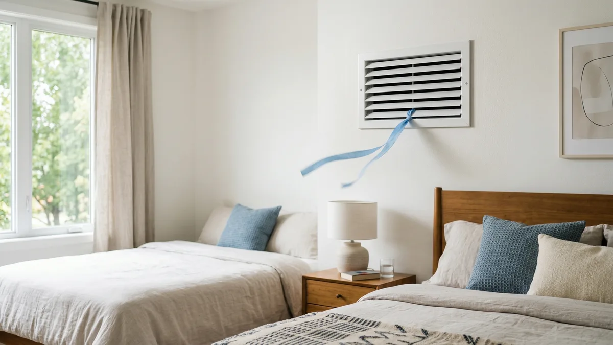 Fresh air supply vent grille on bedroom wall showing visible airflow with ribbon motion blur