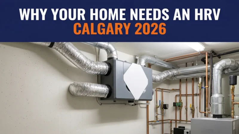 HRV heat recovery ventilator unit installed in a Calgary residential mechanical room with ductwork connections