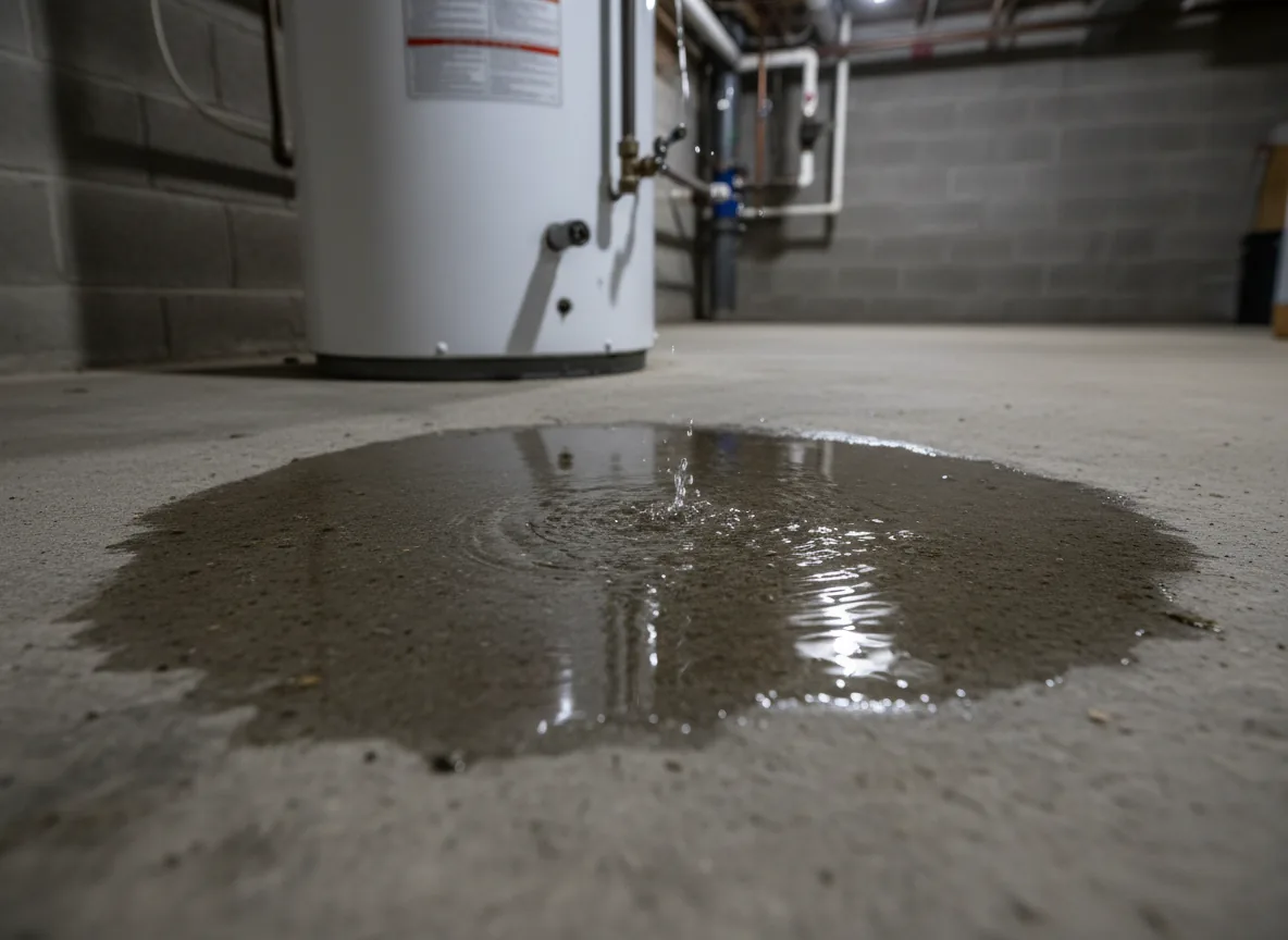 Water pooling at the base of a tank water heater, a clear sign it is failing