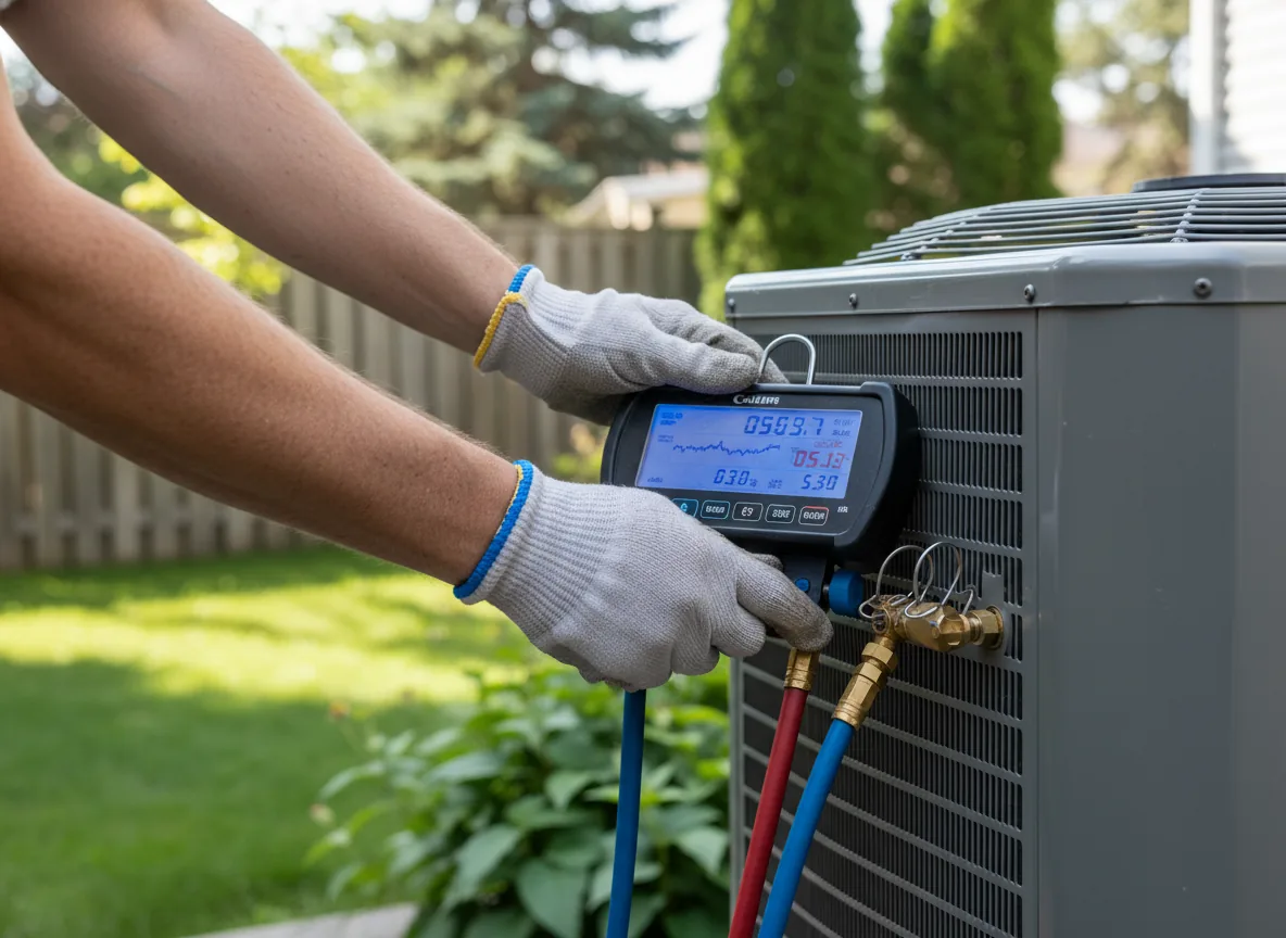 HVAC technician checking refrigerant pressure on an outdoor AC unit using a manifold gauge