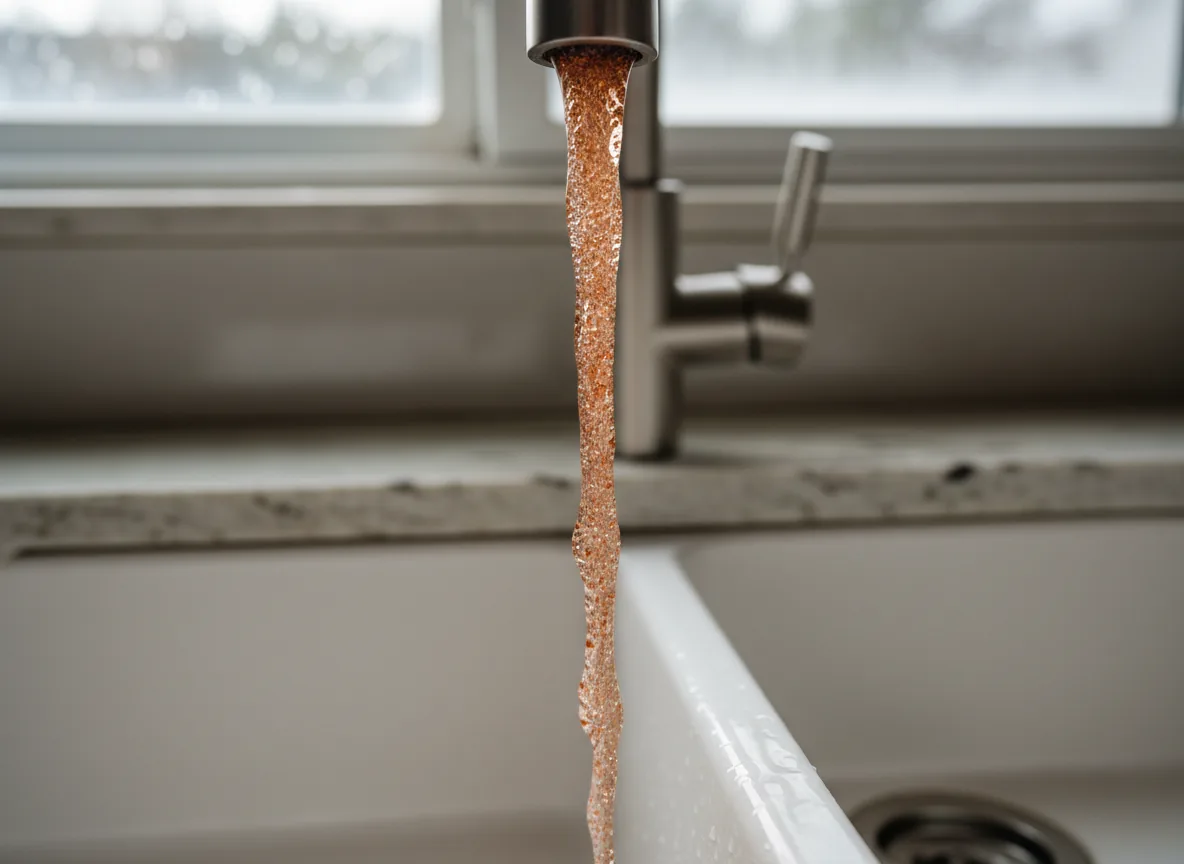 Rust-colored hot water from a kitchen tap, a common sign of a failing hot water heater