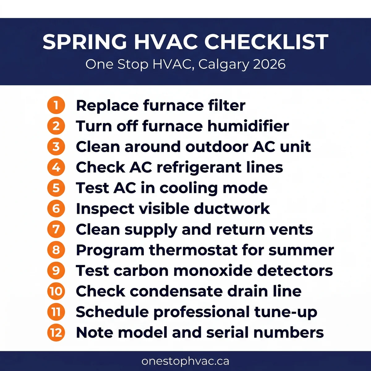 Spring HVAC checklist infographic with 12 maintenance steps for Calgary homeowners