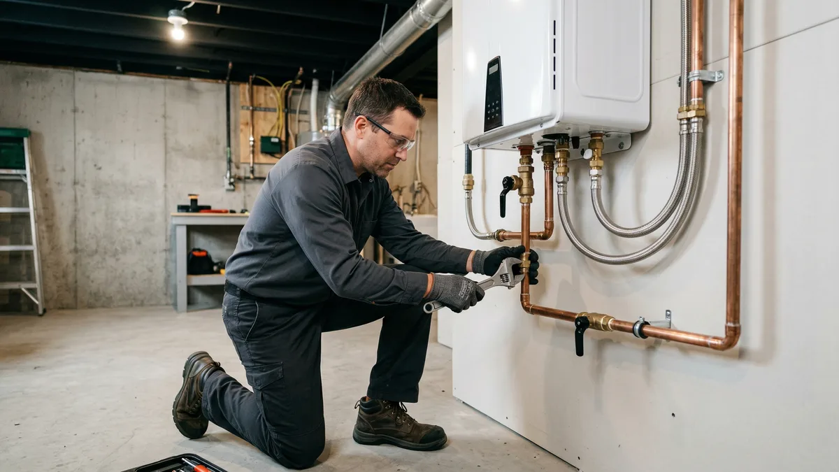 Licensed gas fitter installing a tankless water heater in a Calgary home basement