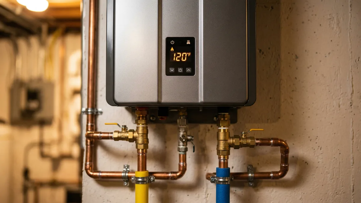 Close-up of a modern tankless water heater with digital display and copper pipe connections