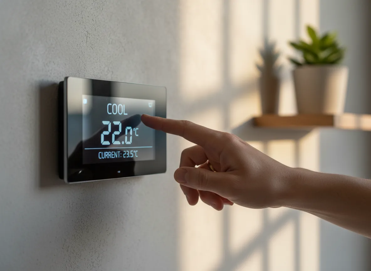 Homeowner setting a wall thermostat to cool mode while troubleshooting an AC blowing warm air problem