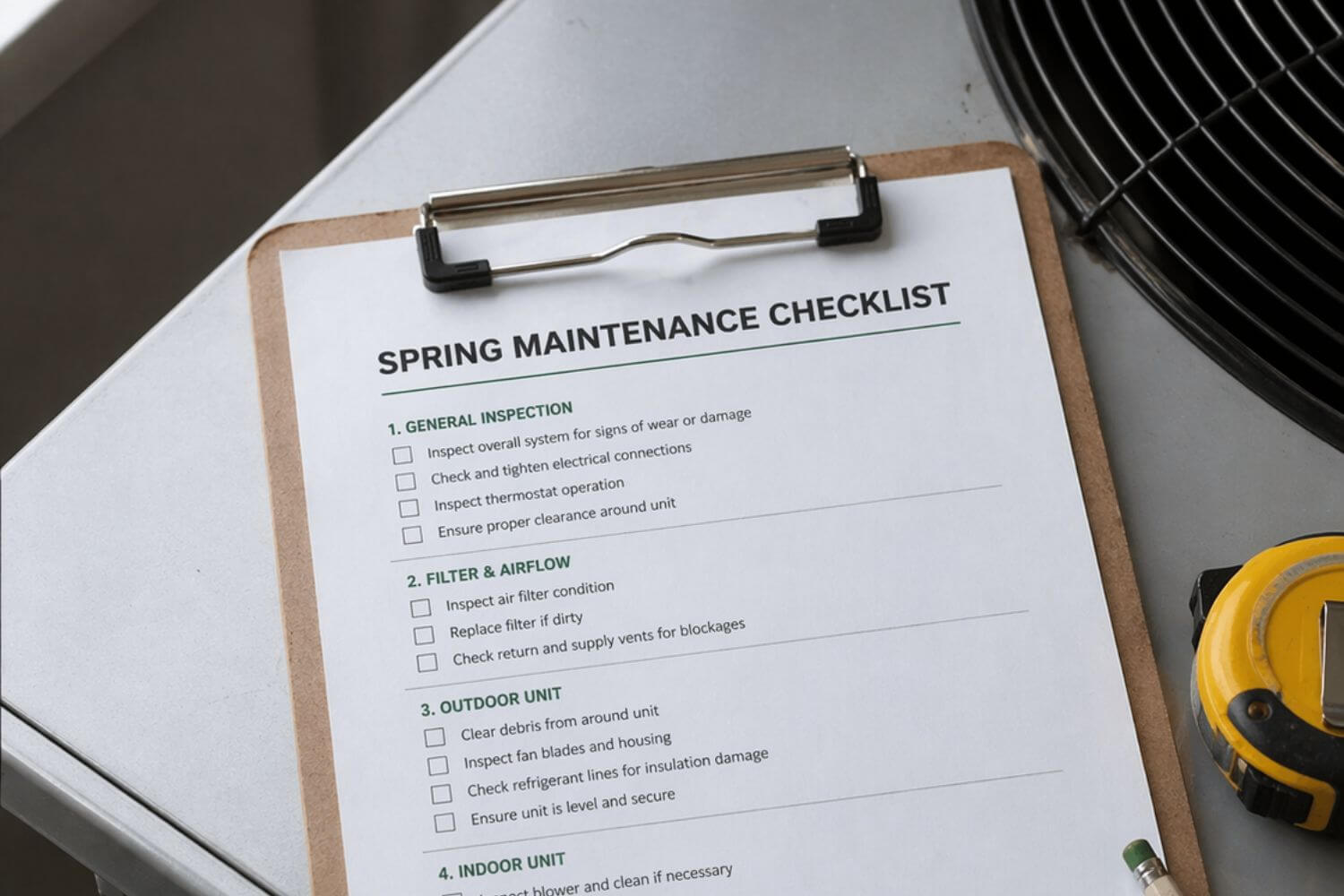 A printed 12-step spring HVAC checklist resting on a utility unit with a pencil and tape measure.